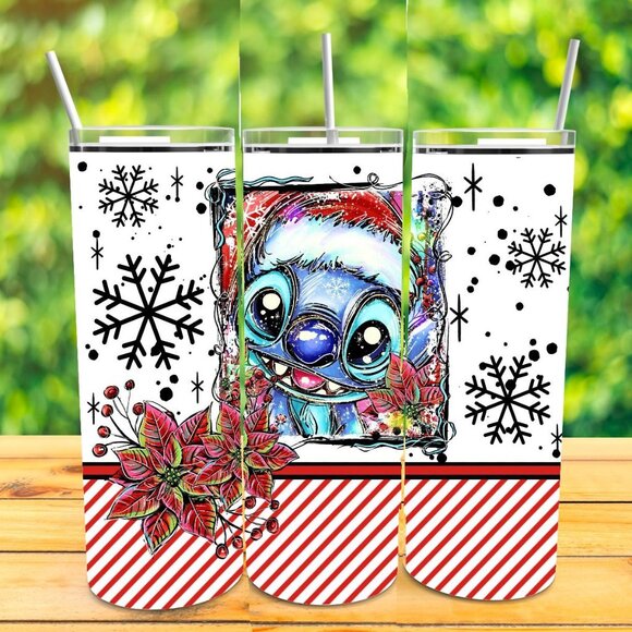 20oz Christmas Stitch theme insulated tumbler with sliding lid and 2 straws - Picture 1 of 1